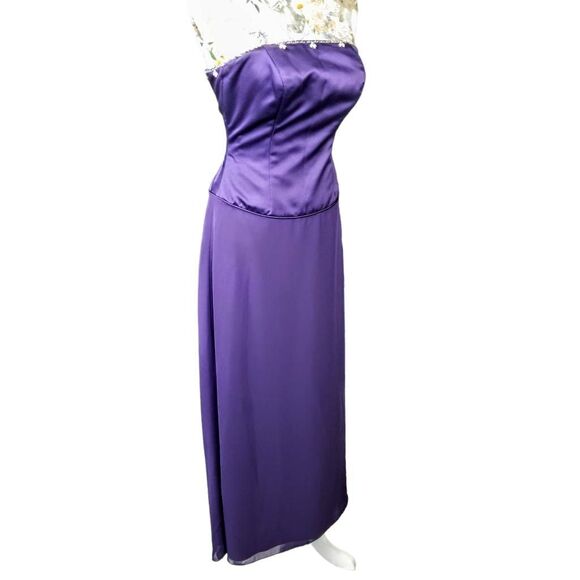 Formal Rhinestone Embellished Bodice  Strapless Purple Satin Long Gown Dress - Picture 8 of 11